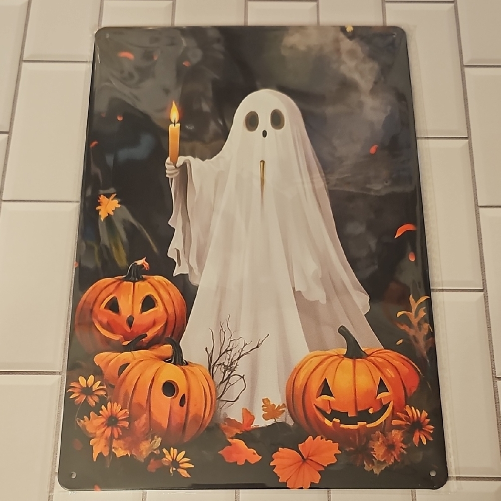 8x12 Halloween Ghost and Pumpkins Metal Sign